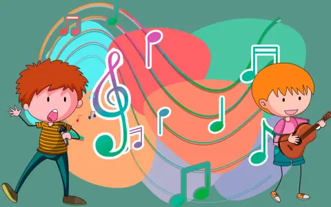 Niños cantando y tocando guitarra, rodeados de notas musicales y colores vibrantes. Descubre qué es el ritmo musical para niños.