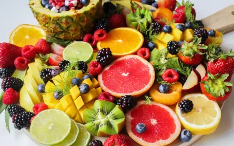Tabla de frutas de primavera: piña, naranjas, fresas, frambuesas, moras, arándanos, mango, kiwi, pomelo y limón.