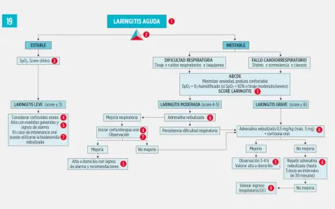 Diagrama de flujo para laringitis aguda en niños. Muestra síntomas y manejo según la gravedad: leve, moderada o grave.