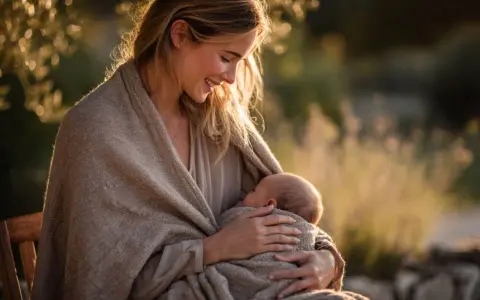 Madre sonriente abraza a su bebé, envueltos en una manta. Un momento tierno que ilustra los hermosos tipos de lactancia.