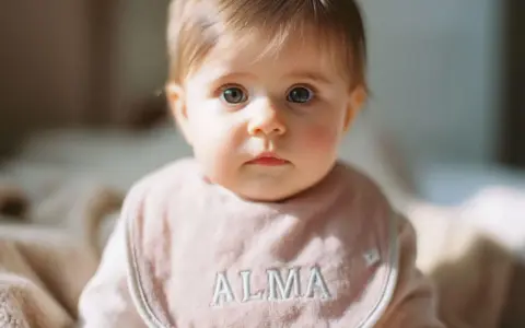 Bebé con ojos grandes y curiosos, lleva un babero rosa con el nombre "Alma" bordado.