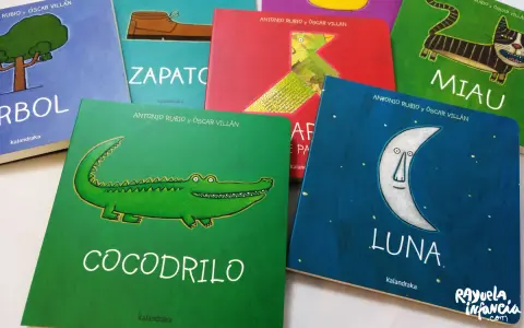 Primeros libros para bebés: "Cocodrilo", "Zapato", "Miau", "Luna", "Árbol" y más, con ilustraciones coloridas.