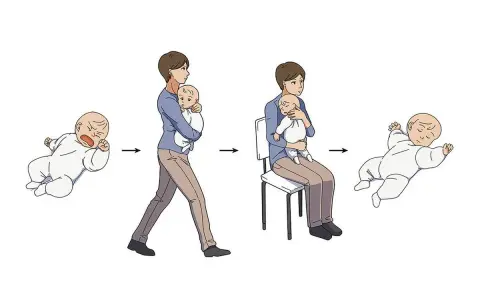 Ilustración muestra técnicas para dormir a un bebé: de llorar a ser acunado y luego dormido en brazos.