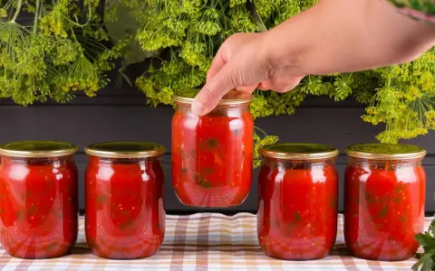 Mano toma un bote de cristal con tomate. Prepara para esterilizar botes cristal microondas.