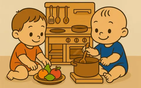Dos bebés disfrutan de juegos de representación en una cocina de juguete, uno con frutas y otro revolviendo una olla.