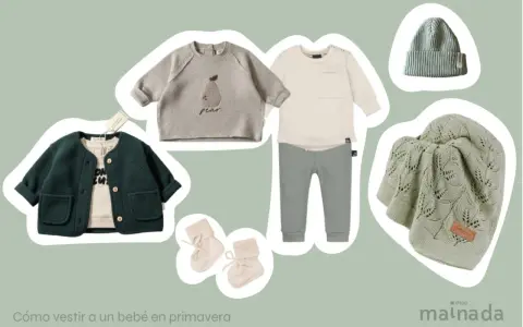 Conjunto de ropa para bebé: chaqueta verde, suéter con pera, pantalón gris, gorro y manta a juego. Ideas para como vestir a un bebe en primavera.