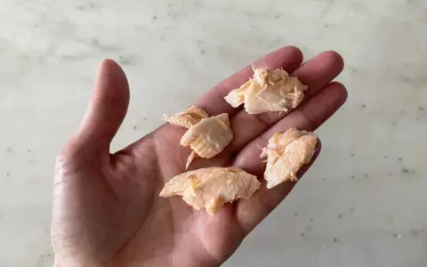 Trozo de salmón desmenuzado en una mano, ideal para saber cuándo dar salmón a un bebé.