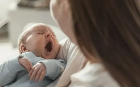 Bebé bosteza en brazos de su madre. Podría ser un signo de hipoglucemia bebé, pero también solo sueño.
