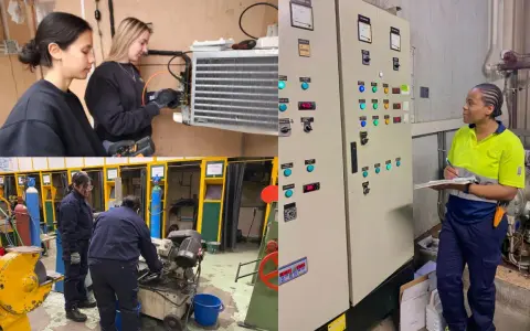 Alazne nombre, aprendiendo mecánica. Mujeres trabajando en un taller, revisando un panel de control y un equipo de refrigeración.