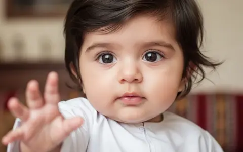 Bebé con ojos grandes y oscuros, mano extendida. Su nombre, Salma, significa paz.