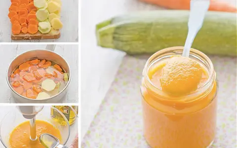 Preparación de puré para bebés: zanahorias y calabacín cocidos y triturados hasta obtener una textura suave.