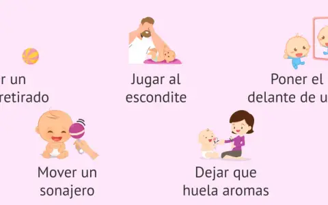 Ilustraciones muestran cómo los bebés aprenden cuando imitan: gateando hacia un juguete, jugando al escondite, viéndose en un espejo, escuchando un sonajero y oliendo flores.