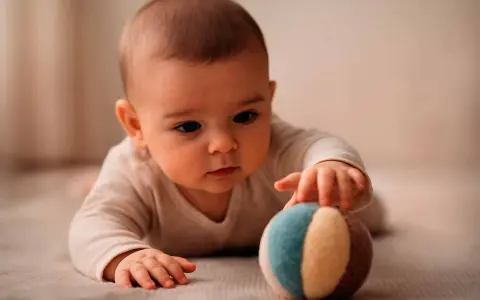 Bebé concentrado, explorando el mundo cuando empiezan a coger cosas. Toca una pelota de tela con sus manitas.
