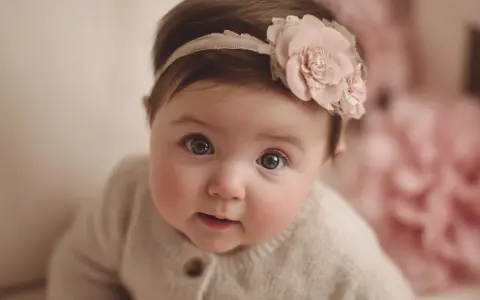 Bebé con diadema floral, sus ojos reflejan la ternura de nombres que significan amor.