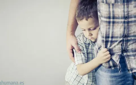 Un niño se aferra a la pierna de un adulto, con la cabeza baja, reflejando una **crisis** de **8 meses**.