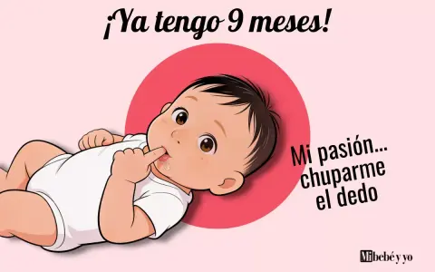 Un tierno bebé de 9 meses, con su dedito en la boca, dice: "¡Ya tengo 9 meses! Mi pasión... chuparme el dedo".