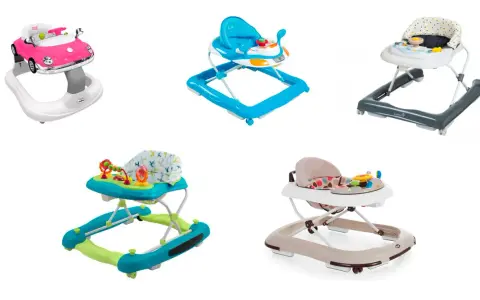 Andadores para bebés: un coche rosa, uno azul, uno gris, uno turquesa y uno beige. ¡Listos para el taka taka niños!