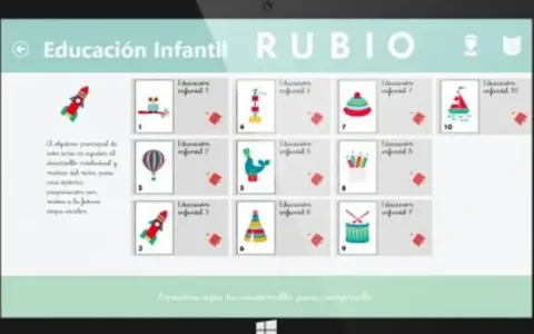 Pantalla de tablet con app de educación infantil. Muestra tarjetas con dibujos de cohetes, globos, animales y juguetes, ideal para el app crecimiento bebé.