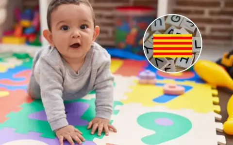 Bebé gateando sobre un tapete de números, con un círculo que muestra letras y la bandera de Cataluña.