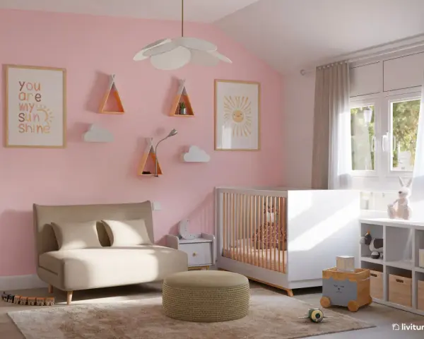 Acogedora **distribución habitación bebé** con cuna blanca, sofá beige, estanterías decoradas con nubes y sol, y juguetes.