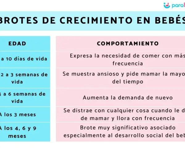 Tabla sobre brotes de crecimiento en bebés. Detalla edad y comportamiento, útil para padres que usan leche de fórmula.