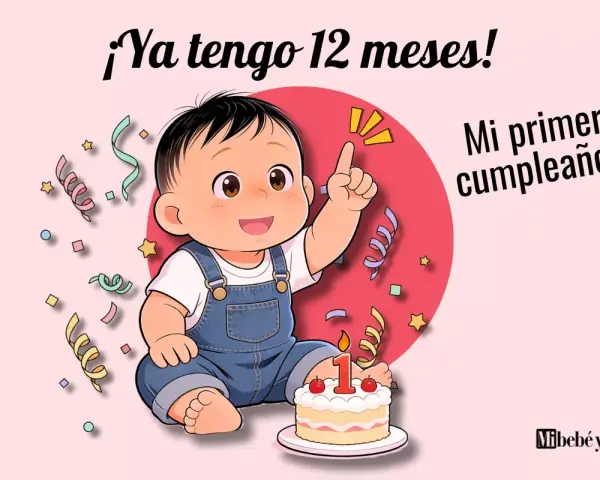 Un bebé de 1 año celebra su primer cumpleaños con un pastel y confeti. ¡Ya tengo 12 meses!