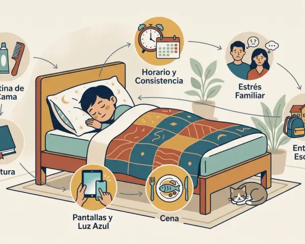 Ilustración sobre factores que influyen en los terrores nocturnos en niños: rutina, pantallas, cena, horario, estrés familiar y entorno escolar.