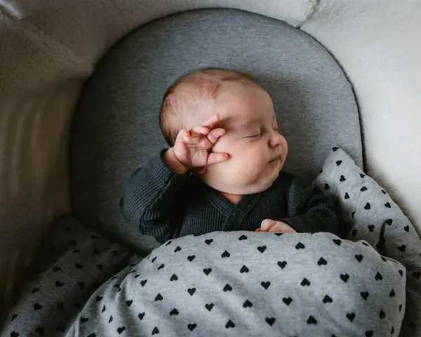 Bebé durmiendo abrigado con un mono gris y manta de corazones. Ideas para como vestir a un recien nacido en junio.