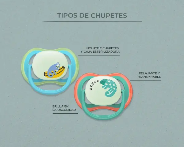 Dos tipos de chupetes: uno azul con mono en plátano que brilla en la oscuridad, otro coral con camaleón dormido. Incluyen caja esterilizadora.