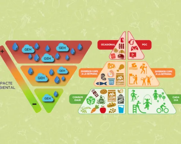 Pirámide alimenticia para niños: muestra alimentos para consumo diario, semanal y ocasional, con un gráfico de impacto ambiental.