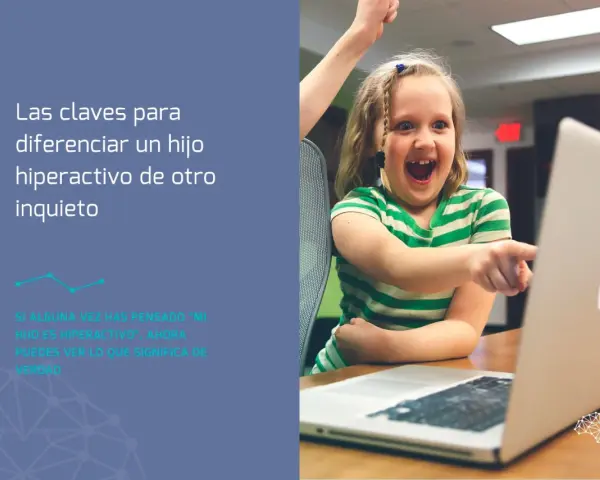 Niña emocionada frente a laptop, con texto sobre la hiperactividad en niños de 6 a 12 años.