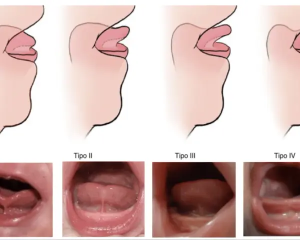 Ilustraciones y fotos de diferentes tipos de frenillo corto en bebés.