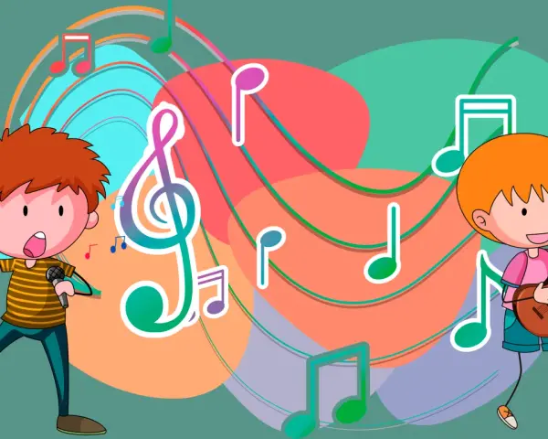 Niños cantando y tocando guitarra, rodeados de notas musicales y colores vibrantes. Descubre qué es el ritmo musical para niños.