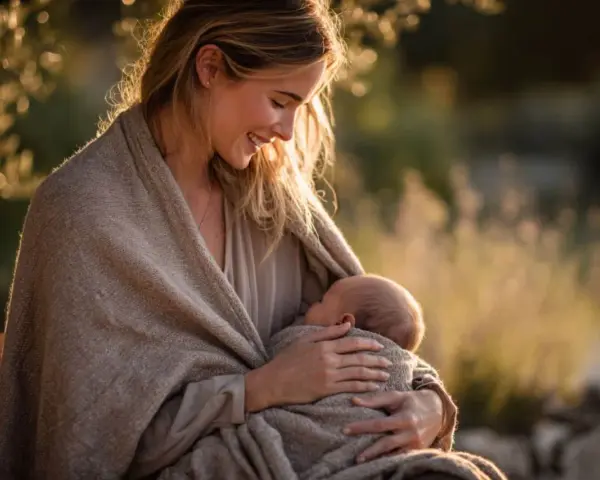 Madre sonriente abraza a su bebé, envueltos en una manta. Un momento tierno que ilustra los hermosos tipos de lactancia.