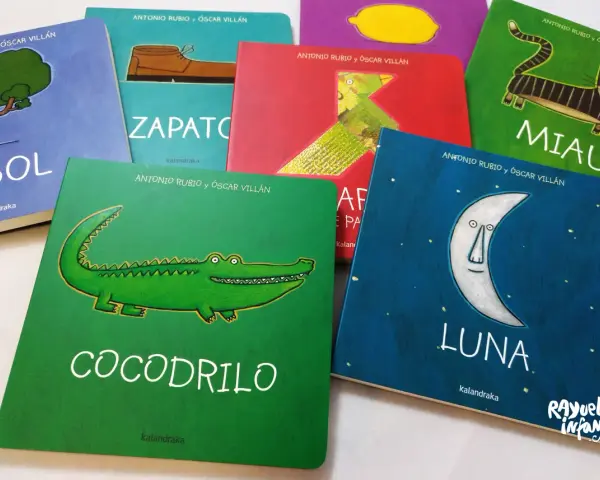 Primeros libros para bebés: "Cocodrilo", "Zapato", "Miau", "Luna", "Árbol" y más, con ilustraciones coloridas.