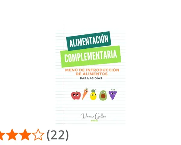Menús de alimentación complementaria para introducir alimentos en 45 días, con ilustraciones de frutas y verduras.