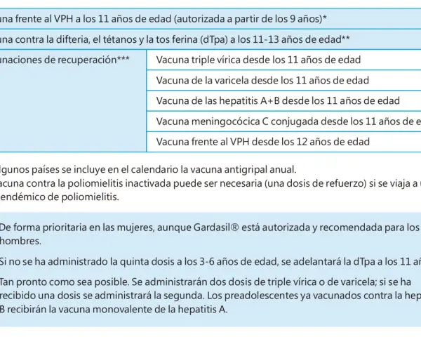 Tabla de vacunas para niños, incluyendo la vacuna VPH a los 11 meses y otras vacunas de recuperación.