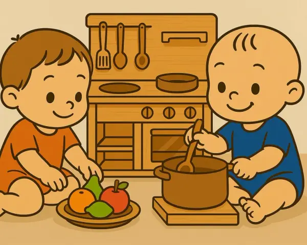 Dos bebés disfrutan de juegos de representación en una cocina de juguete, uno con frutas y otro revolviendo una olla.