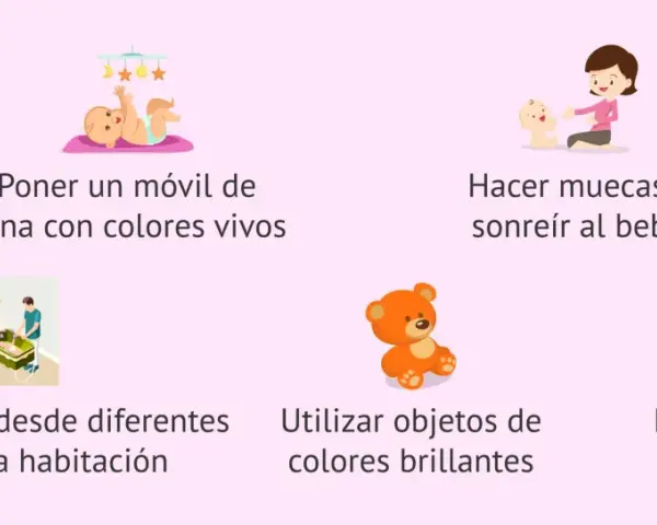 Un bebé de 3 meses ve el mundo con asombro. Imágenes muestran cómo estimularlo: móvil de cuna, sonrisas, objetos brillantes y cuentos.
