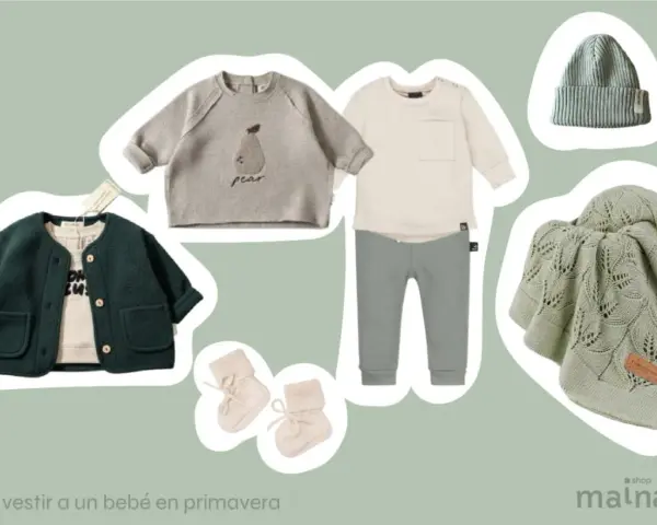 Conjunto de ropa para bebé: chaqueta verde, suéter con pera, pantalón gris, gorro y manta a juego. Ideas para como vestir a un bebe en primavera.