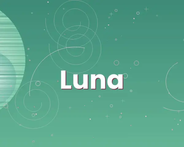 El nombre "Luna" aparece en letras blancas sobre un fondo verde con círculos y puntos.