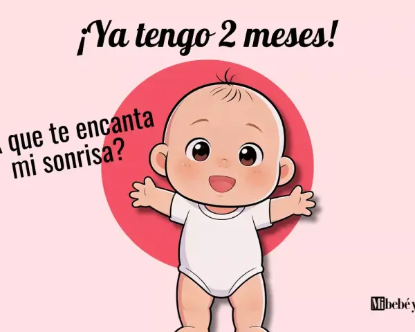 Un bebé de 2 meses sonríe con los brazos abiertos. "¡Ya tengo 2 meses! ¿A que te encanta mi sonrisa?
