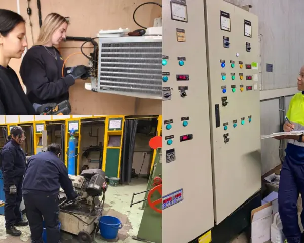 Alazne nombre, aprendiendo mecánica. Mujeres trabajando en un taller, revisando un panel de control y un equipo de refrigeración.
