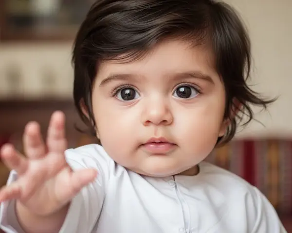 Bebé con ojos grandes y oscuros, mano extendida. Su nombre, Salma, significa paz.