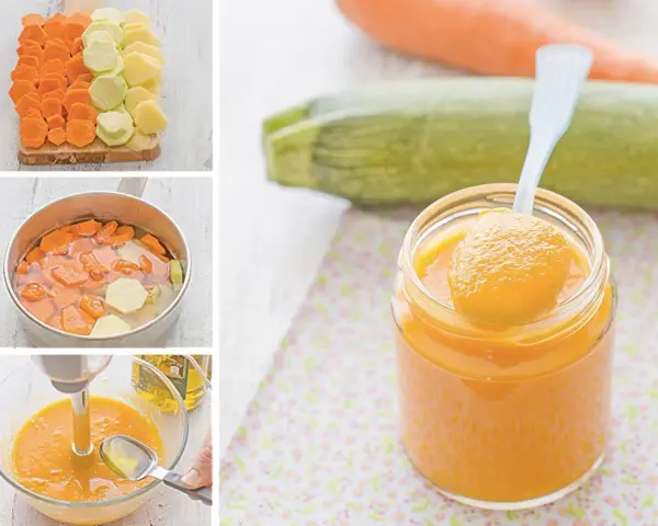 Preparación de puré para bebés: zanahorias y calabacín cocidos y triturados hasta obtener una textura suave.