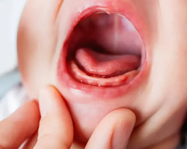 Boca de bebé con encías inflamadas y pequeños dientes asomando, indicando dolor encias bebe.