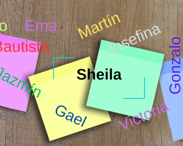 Notas adhesivas con nombres: Sheila, Gael, Bautista, Jazmín, Ema, Martín, Josefina, Gonzalo, Victoria, Renzo.