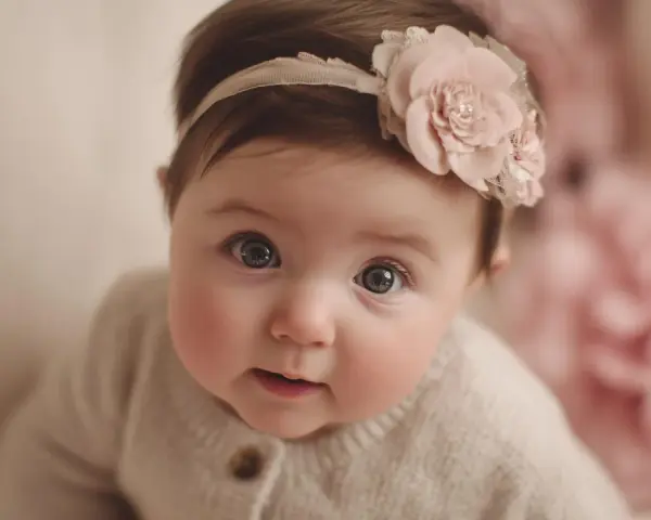 Bebé con diadema floral, sus ojos reflejan la ternura de nombres que significan amor.