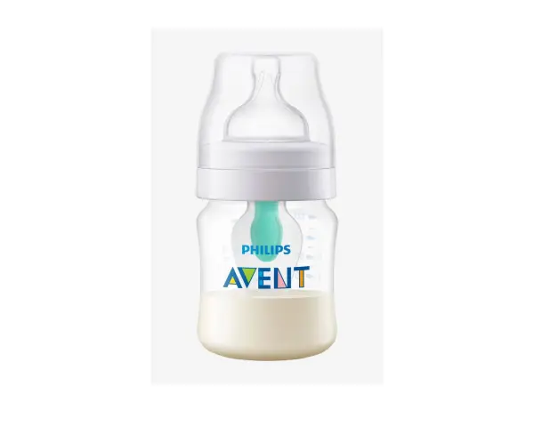 Biberón Philips Avent con leche. Aprende como dar el biberón a un bebé para evitar gases con este diseño.