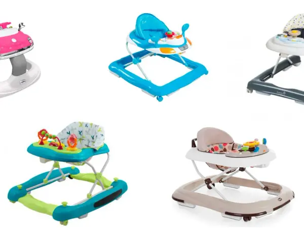 Andadores para bebés: un coche rosa, uno azul, uno gris, uno turquesa y uno beige. ¡Listos para el taka taka niños!